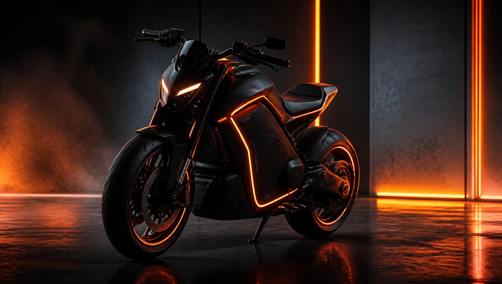 VOLTARA electric motorcycle in a dark studio with orange rim lighting