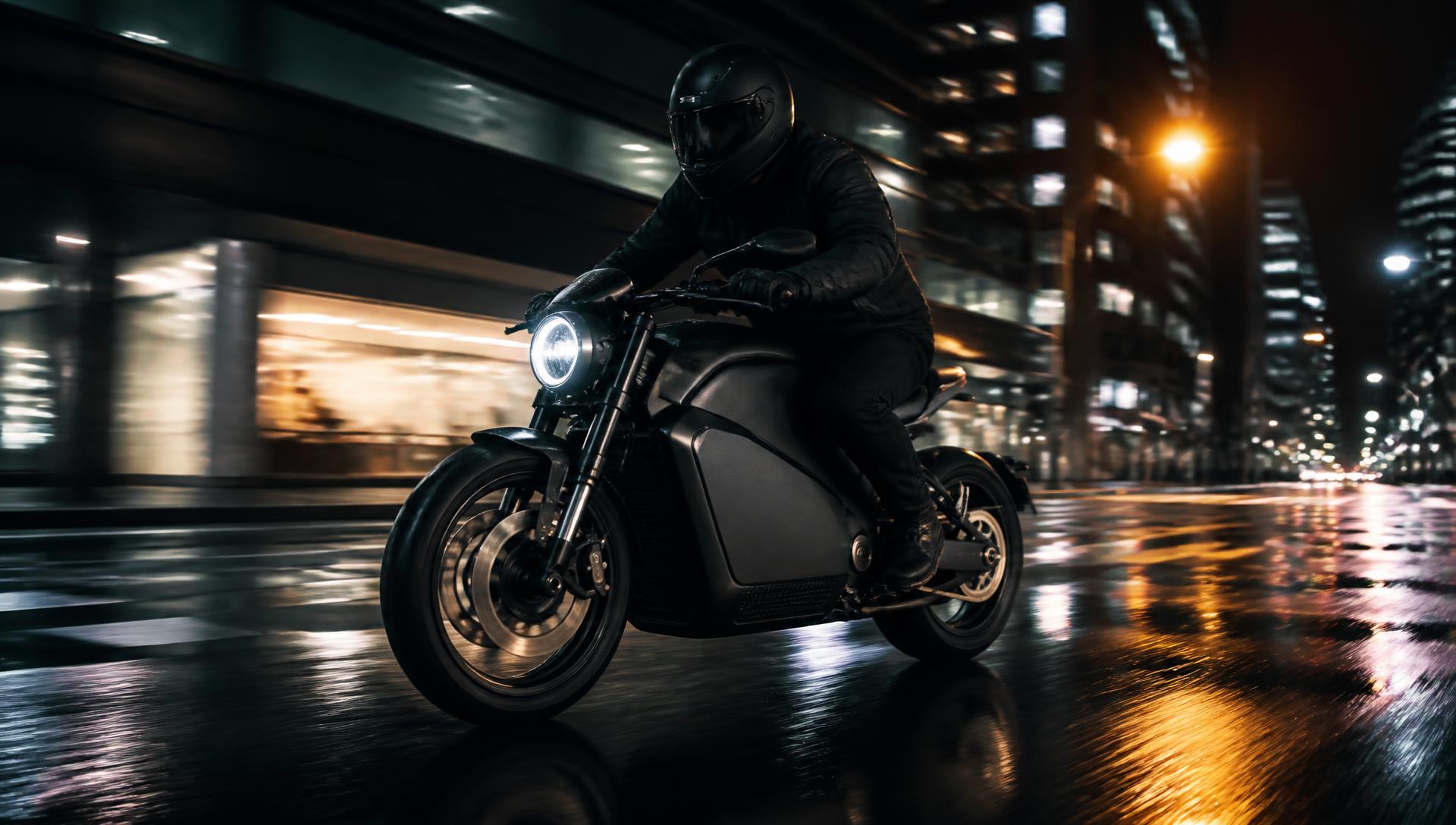 Rider on a VOLTARA electric motorcycle riding through a modern city at night
